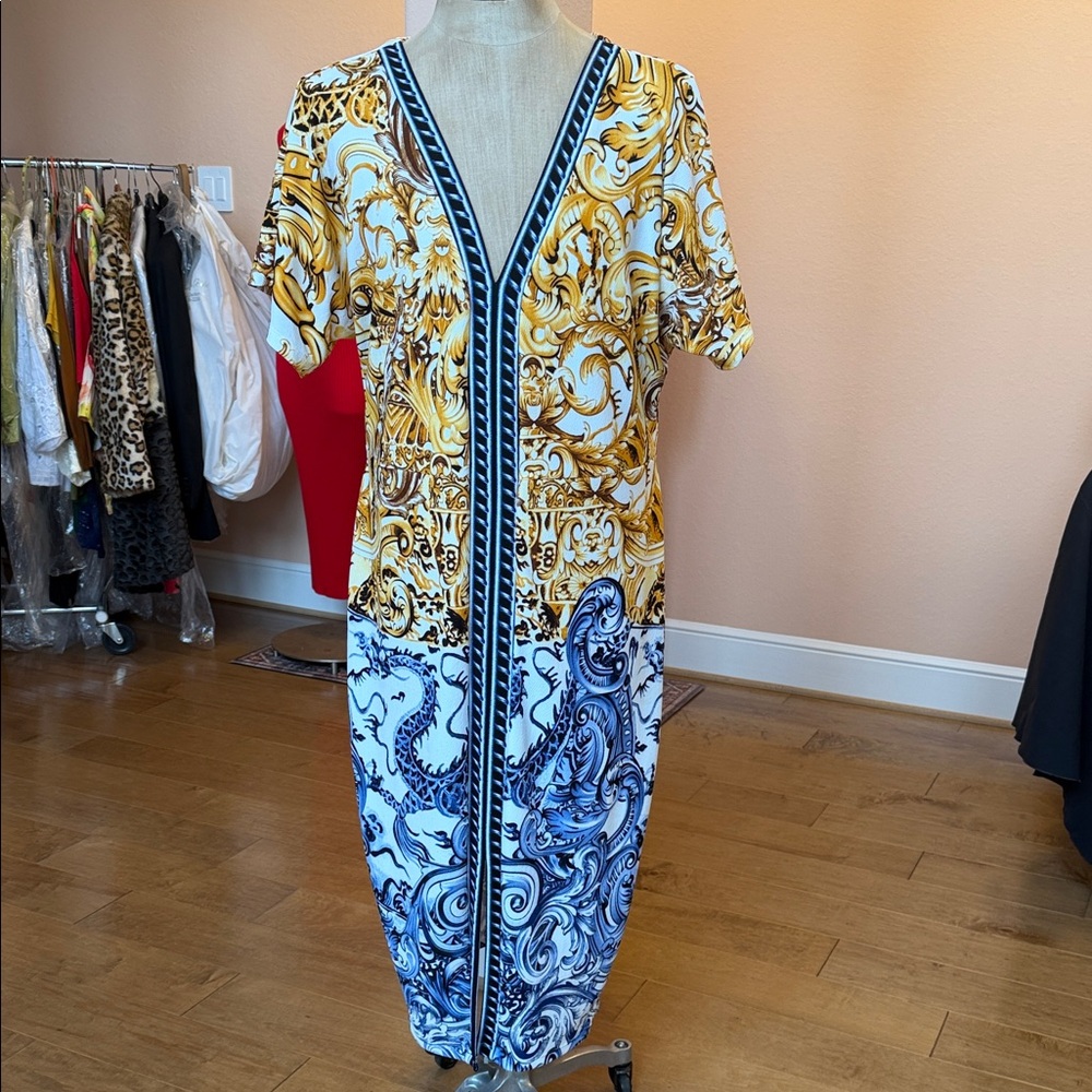 Ashley Stewart Gold and Blue Patterned Midi Dress